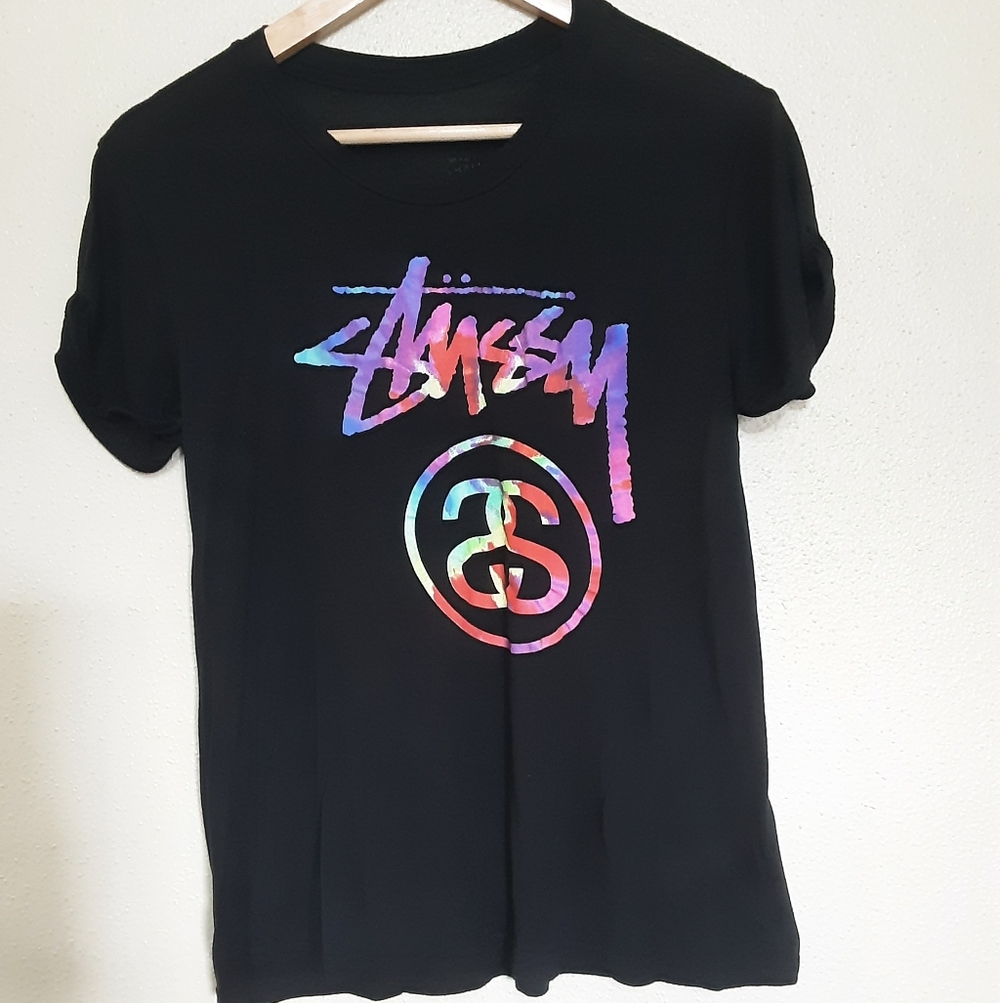 Stussy Black Tee with Rainbow Logo